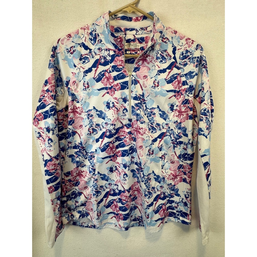Pebble Beach Pullover Blue Pink Floral Dry-Luxe Performance Quarter Zip Top M